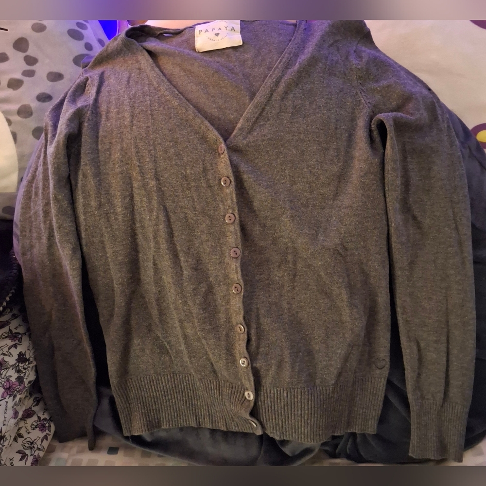 Papaya 🖤 Gray Long Sleeve Button Up V Neck Lightweight Cardigan SZ 12 Large